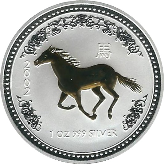 2002 1oz Silver Lunar GILDED HORSE - Click Image to Close